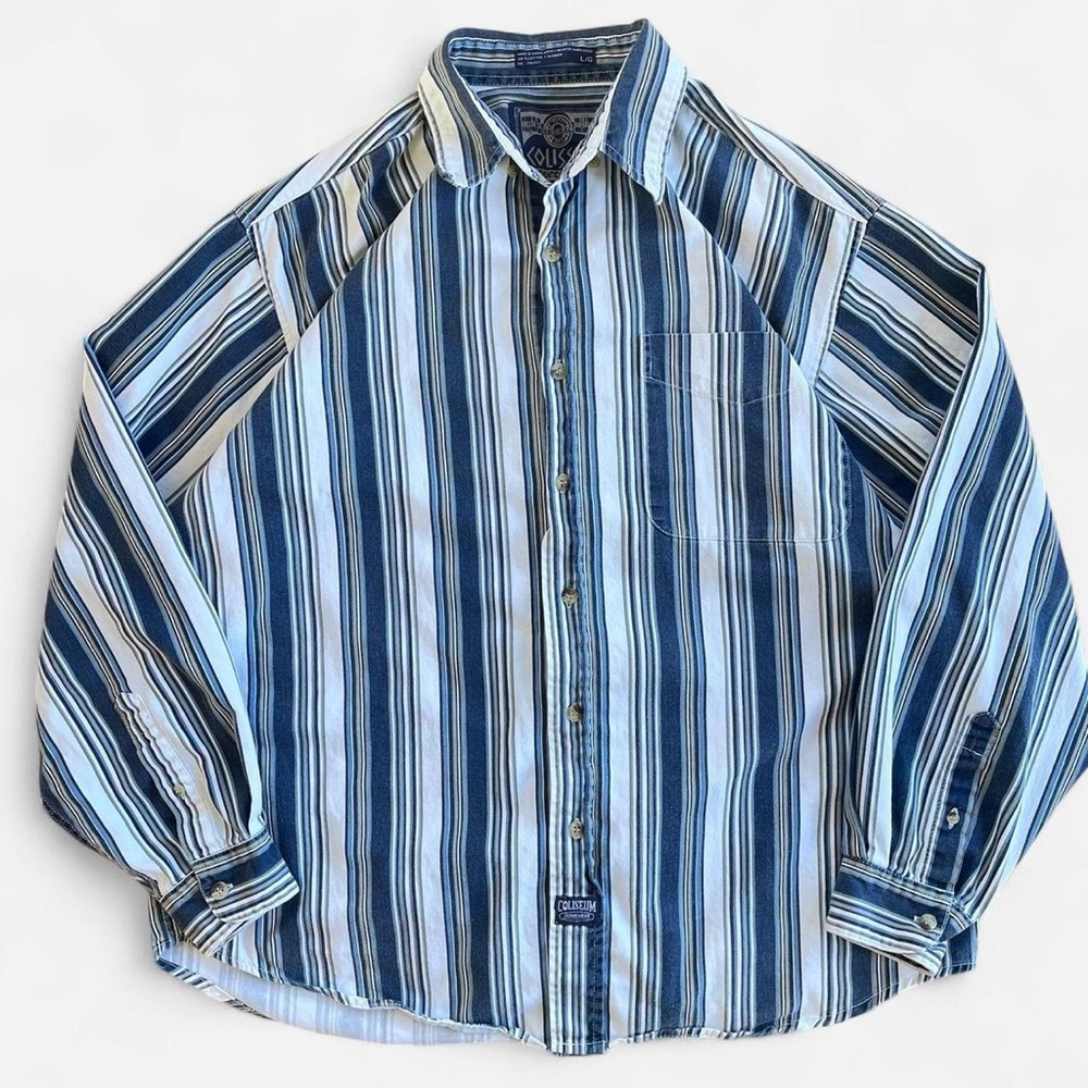 Vintage Coliseum Authentic Jeanswear White & Blue Striped Button Down Shirt